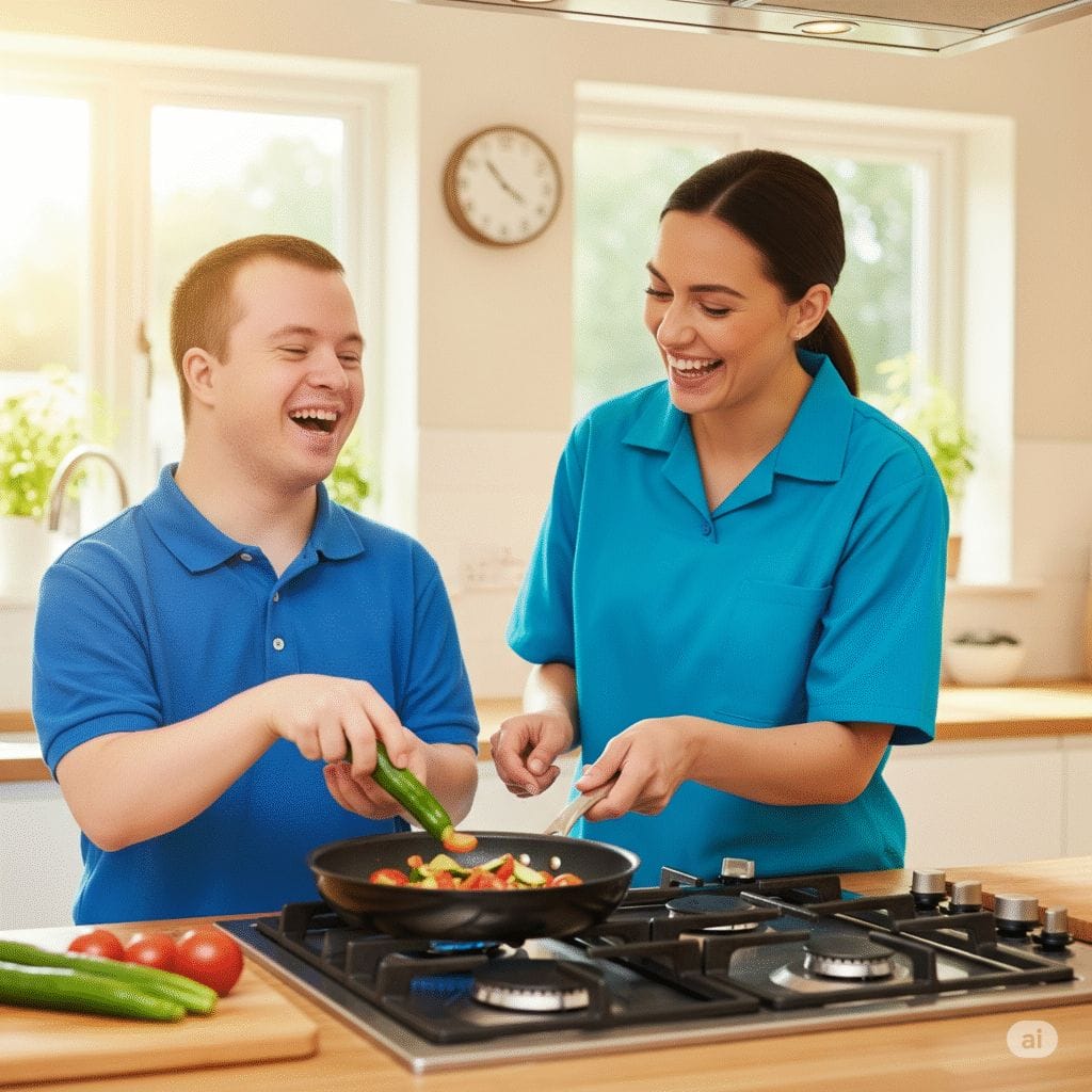 A man with a disability and his support worker laughing together while cooking a healthy meal as part of an NDIS healthy habits program.