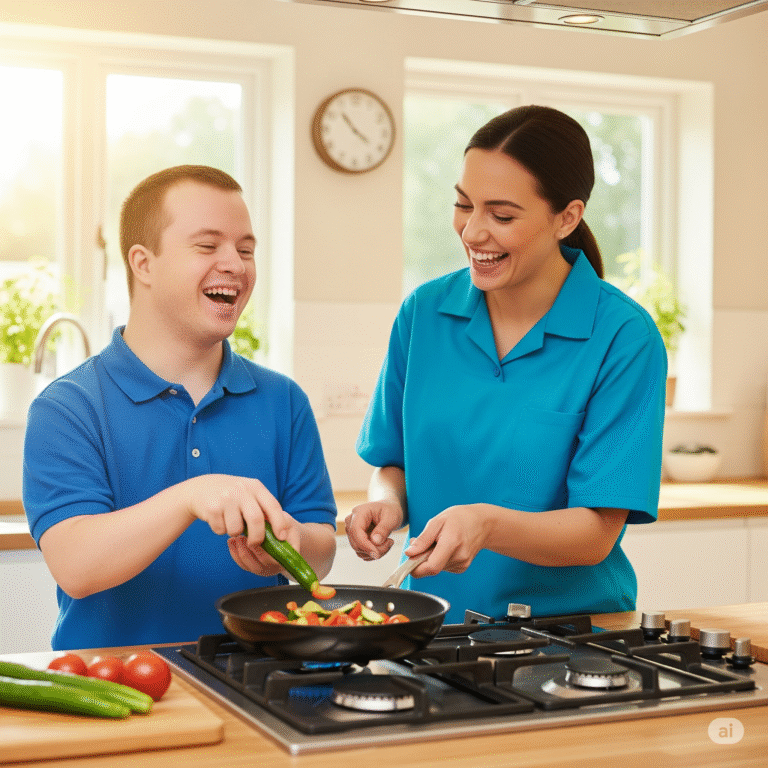 A man with a disability and his support worker laughing together while cooking a healthy meal in a bright kitchen as part of an NDIS program.