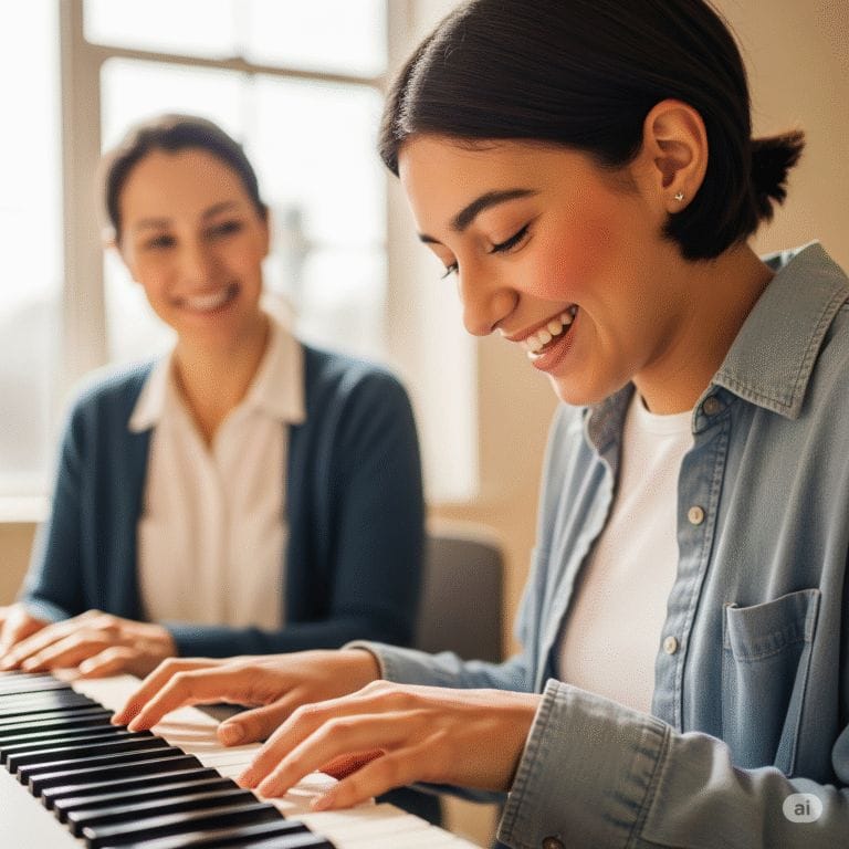 A young woman smiles with accomplishment as she plays a keyboard in an NDIS program, while her supportive instructor looks on proudly in the background.