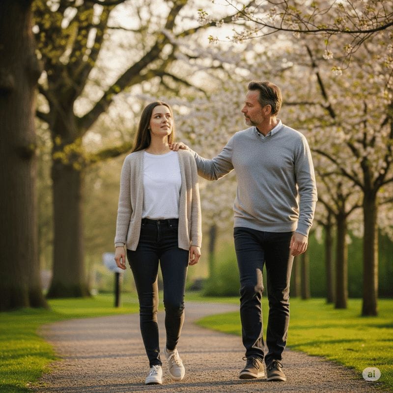 A support worker and an NDIS participant walking and talking in a sunlit park, representing hope and recovery.