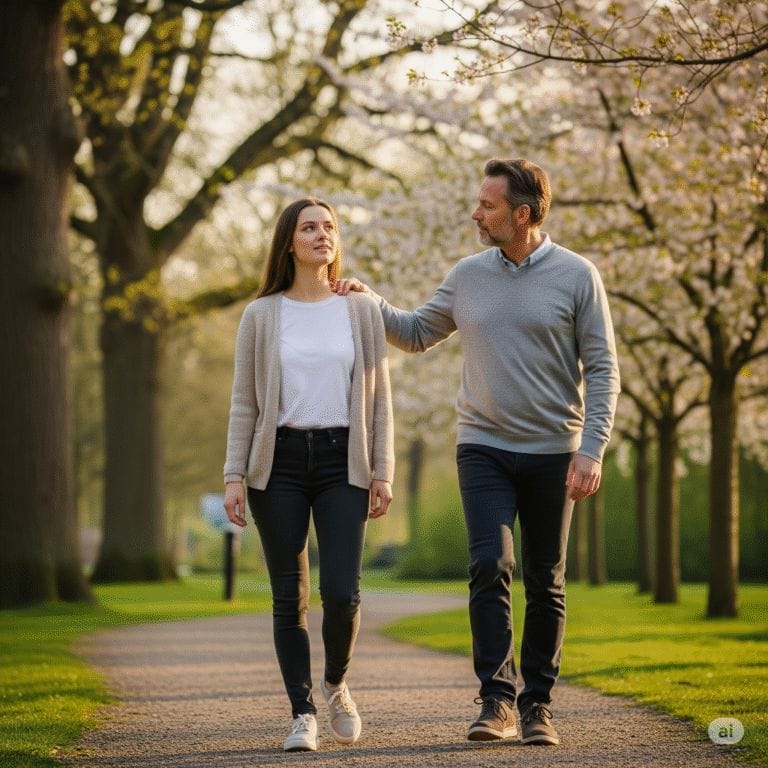 A support worker and an NDIS participant walking and talking in a sunlit park, representing hope and recovery.