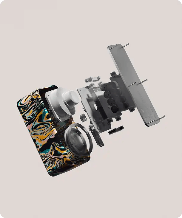 A 3D exploded view diagram of a complex electronic device with colorful marble-patterned casing, symbolizing Jango’s ability to deconstruct complex NDIS plans into manageable, functional components for the participant.
