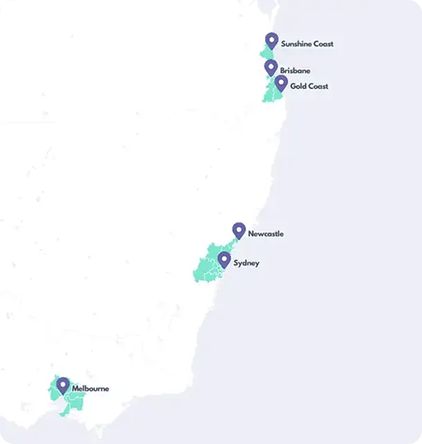 A map of the Australian East Coast highlighting Jango Community Services locations in the Sunshine Coast, Brisbane, Gold Coast, Newcastle, Sydney, and Melbourne.