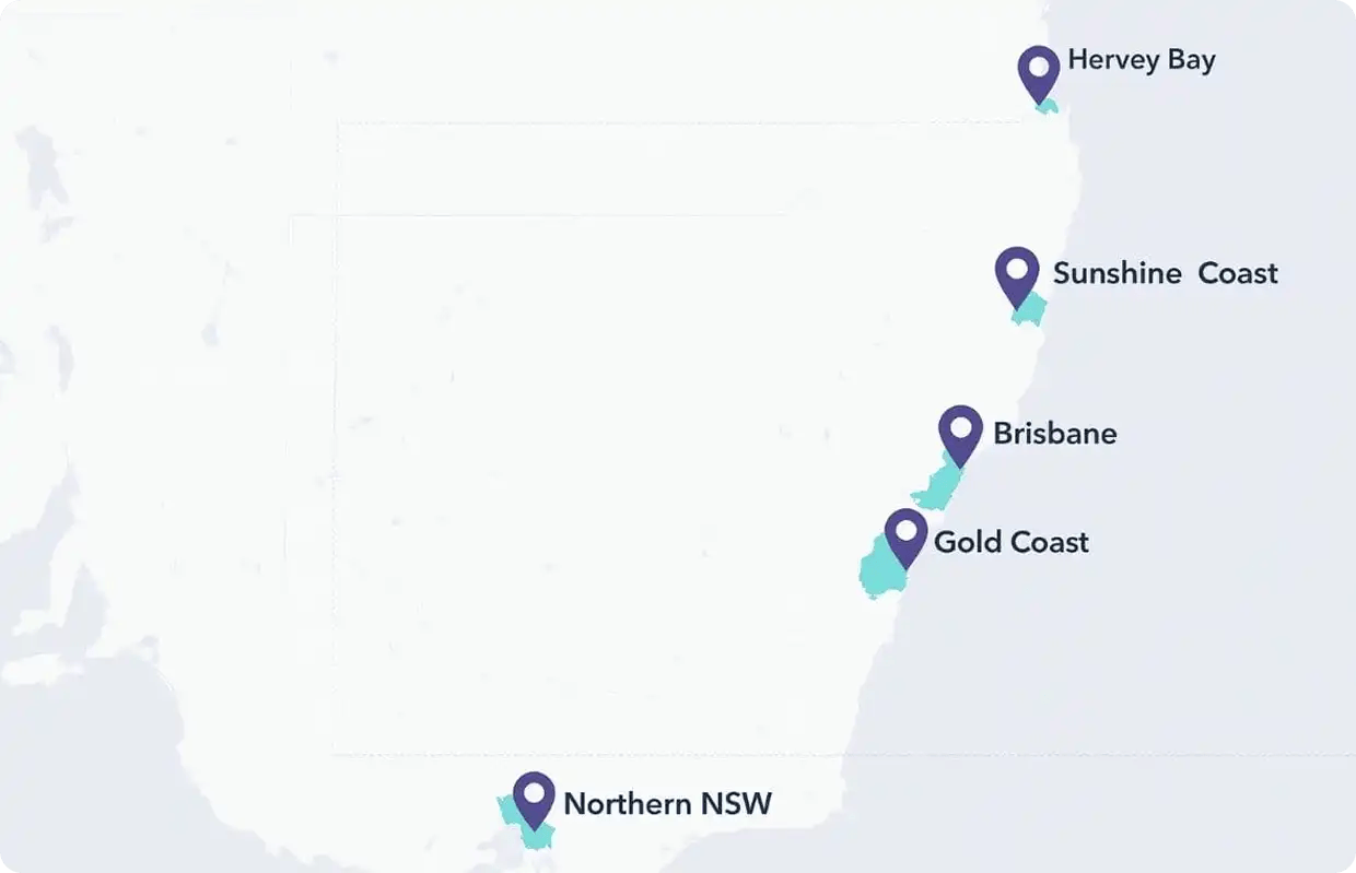 A map of Eastern Australia highlighting Jango's service regions with pins on Hervey Bay, Sunshine Coast, Brisbane, Gold Coast, and Northern NSW, illustrating our local presence for STA, Respite, and NDIS support services.
