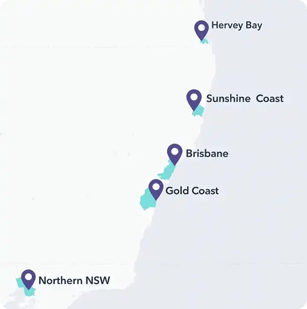 A regional map highlighting Jango’s service areas with location pins on Hervey Bay, Sunshine Coast, Brisbane, Gold Coast, and Northern NSW, showing our commitment to providing local NDIS support coordination and disability services.