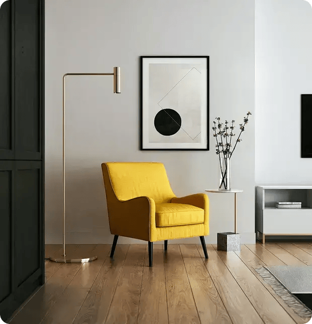 A bright, clean, and well-organized living room featuring a yellow armchair and minimalist decor, representing the high standard of domestic assistance provided by Jango Community Services.