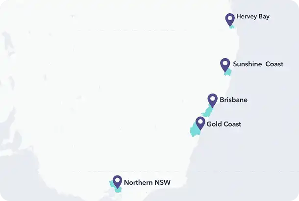 A map showing Jango Community Services locations in Hervey Bay, Sunshine Coast, Brisbane, Gold Coast, and Northern NSW.