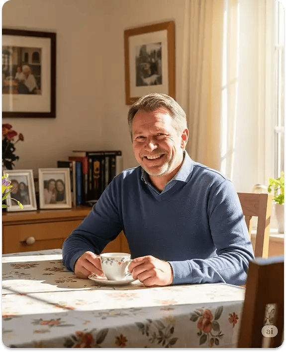 A man’s hands holding a warm cup of tea while sitting at a desk with a notebook, representing the peace of mind and stress reduction that comes with having a dedicated Jango Support Coordinator to manage NDIS plan complexities.